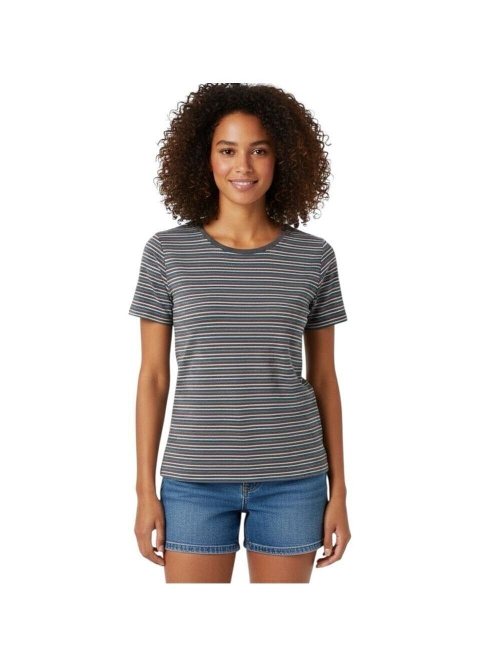 L.L.Bean Gray Pink Blue Striped Classic Crewneck T-Shirt XS Regular